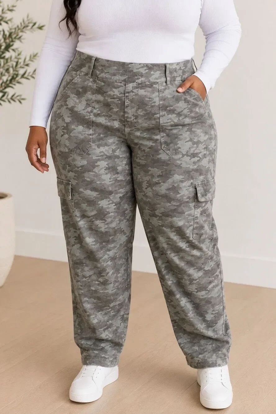 Spanx Stretch Twill Ankle Cargo Pants 3X Tall High Rise Stone Wash Camo Pull On
